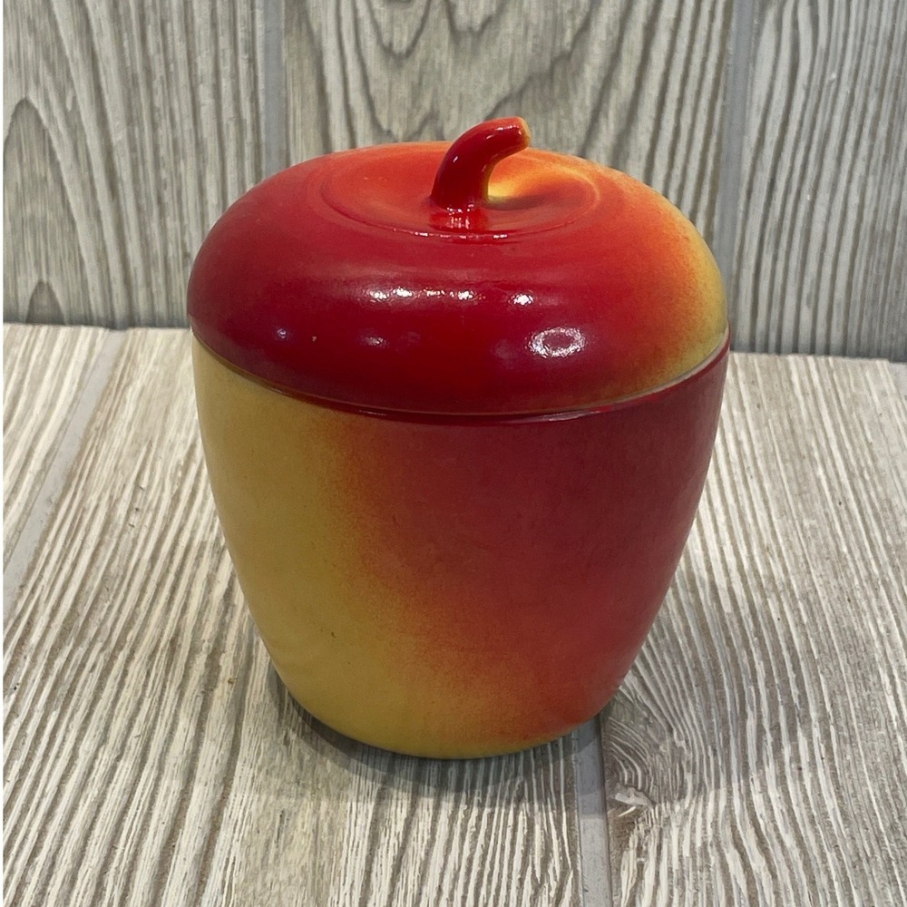 Vintage Ceramic Apple Lidded Jar Red Yellow Fruit Kitchen Decor 4 Inch